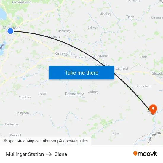 Mullingar Station to Clane map