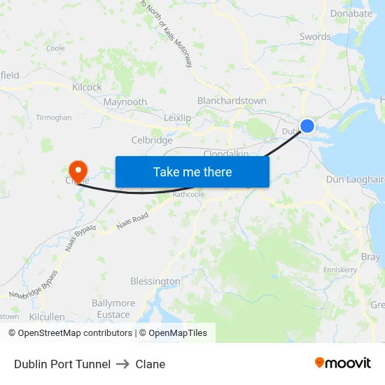 Dublin Port Tunnel to Clane map