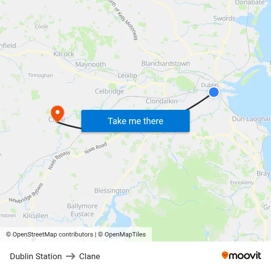 Dublin Station to Clane map