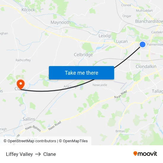 Liffey Valley to Clane map