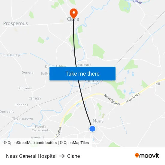 Naas General Hospital to Clane map