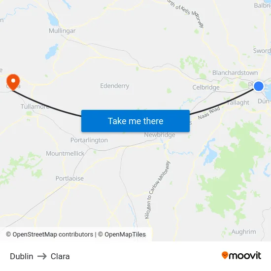 Dublin to Clara map