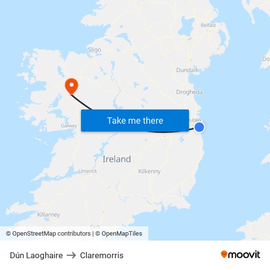 Dún Laoghaire to Claremorris map