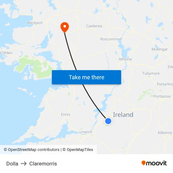 Dolla to Claremorris map