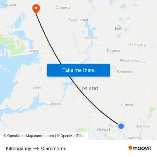 Kilmoganny to Claremorris map