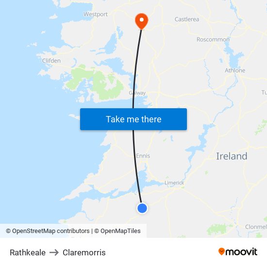 Rathkeale to Claremorris map