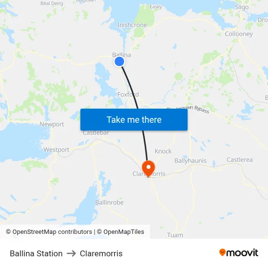 Ballina Station to Claremorris map