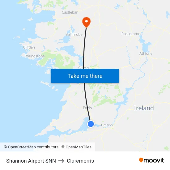 Shannon Airport SNN to Claremorris map