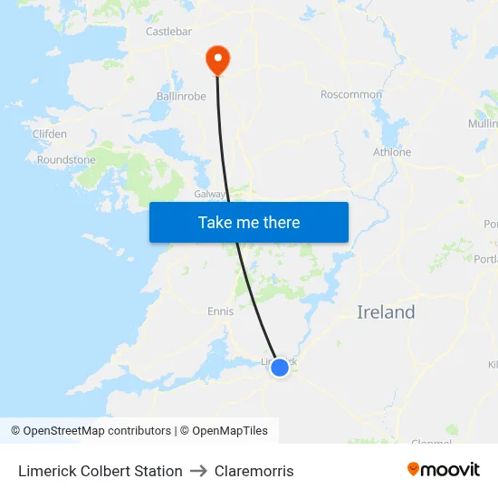 Limerick Colbert Station to Claremorris map