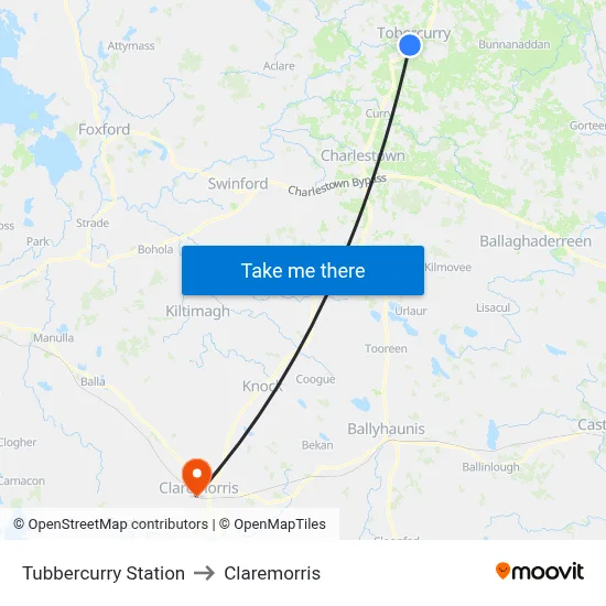 Tubbercurry Station to Claremorris map