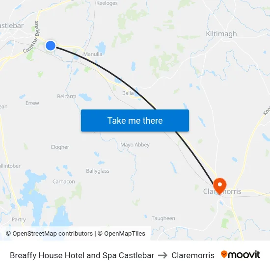 Breaffy House Hotel and Spa Castlebar to Claremorris map