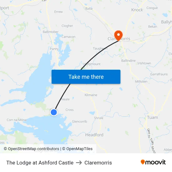 The Lodge at Ashford Castle to Claremorris map