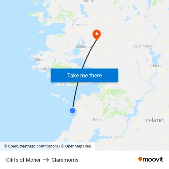 Cliffs of Moher to Claremorris map