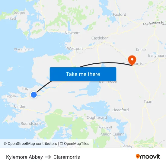 Kylemore Abbey to Claremorris map