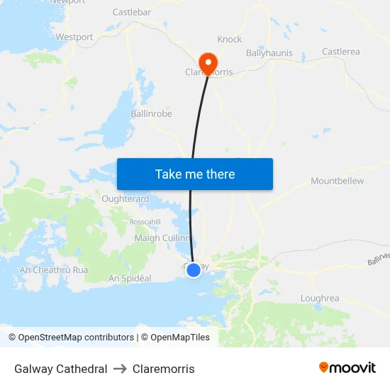Galway Cathedral to Claremorris map