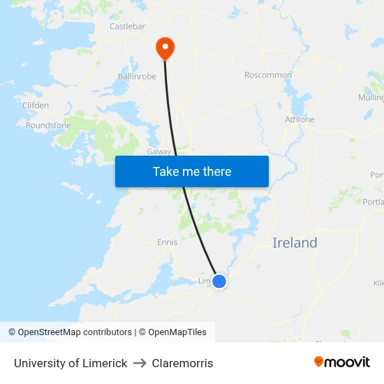 University of Limerick to Claremorris map