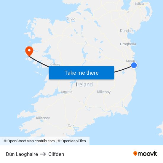 Dún Laoghaire to Clifden map