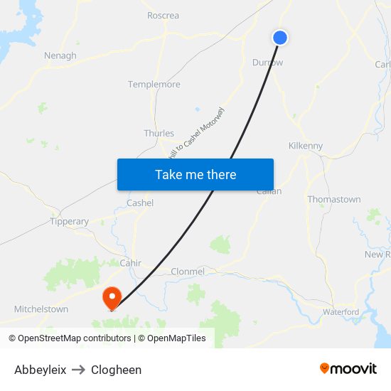 Abbeyleix to Clogheen map