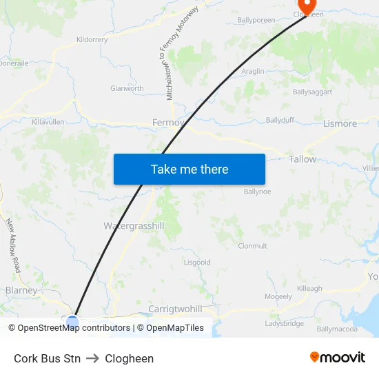 Cork Bus Stn to Clogheen map
