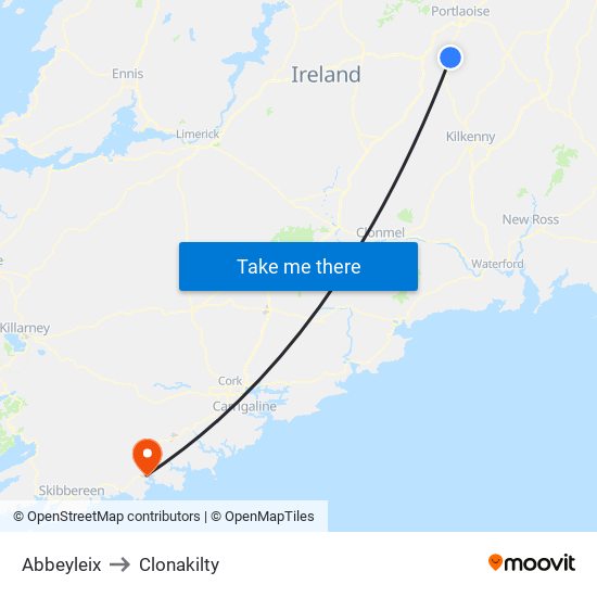 Abbeyleix to Clonakilty map