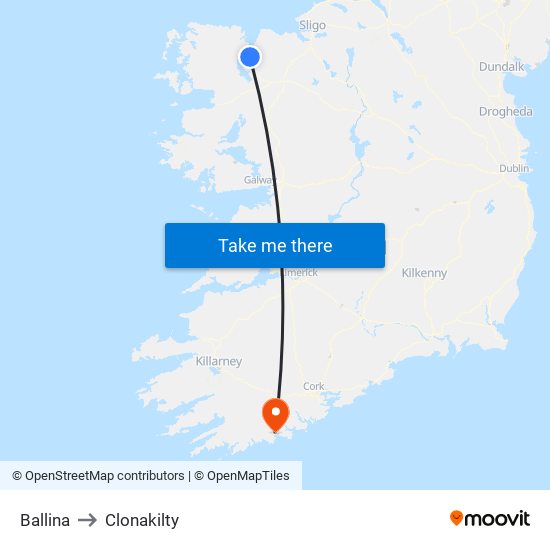 Ballina to Clonakilty map