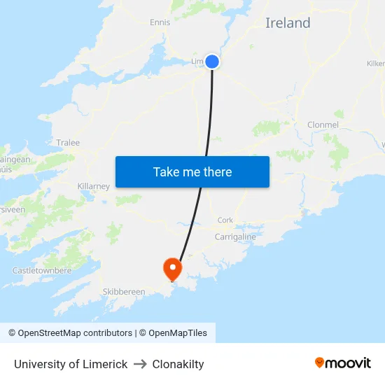 University of Limerick to Clonakilty map