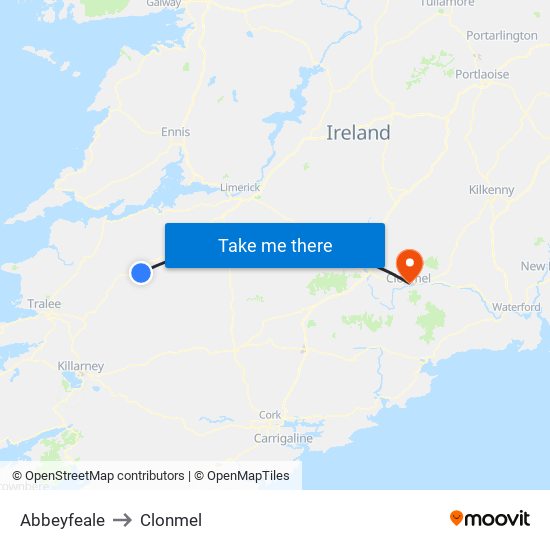 Abbeyfeale to Clonmel map