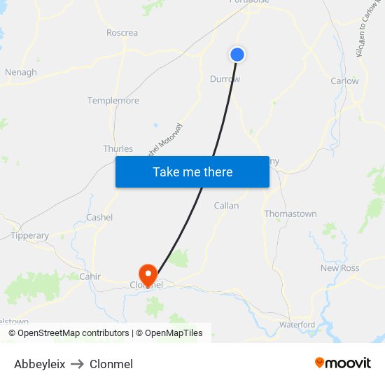 Abbeyleix to Clonmel map