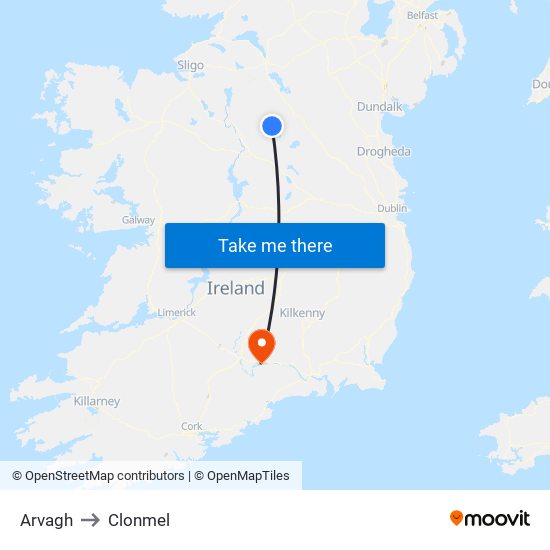 Arvagh to Clonmel map