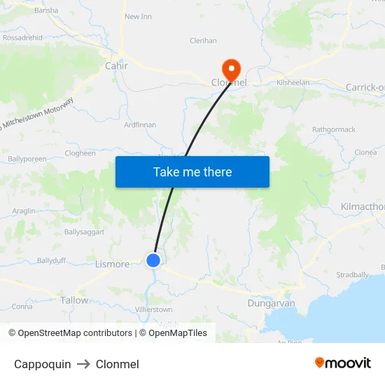 Cappoquin to Clonmel map