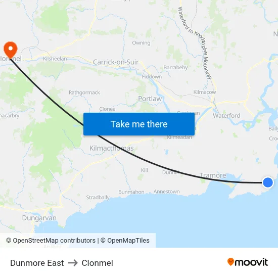Dunmore East to Clonmel map