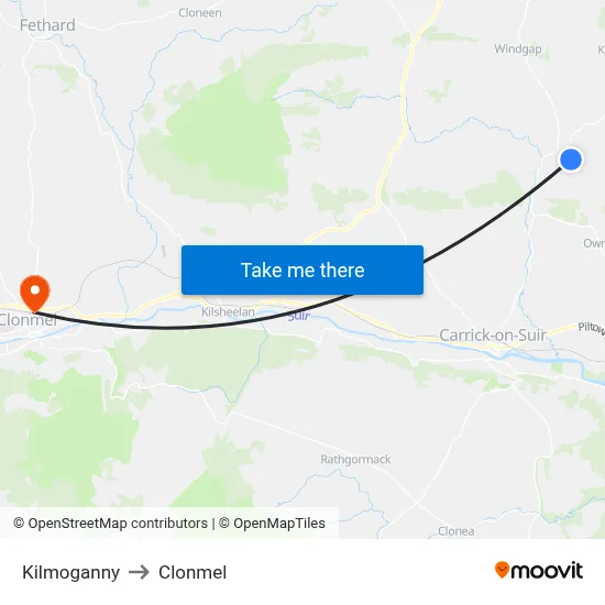 Kilmoganny to Clonmel map
