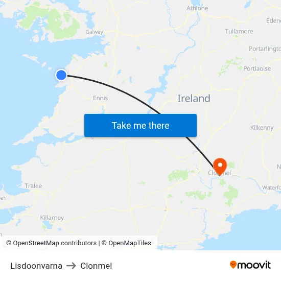 Lisdoonvarna to Clonmel map