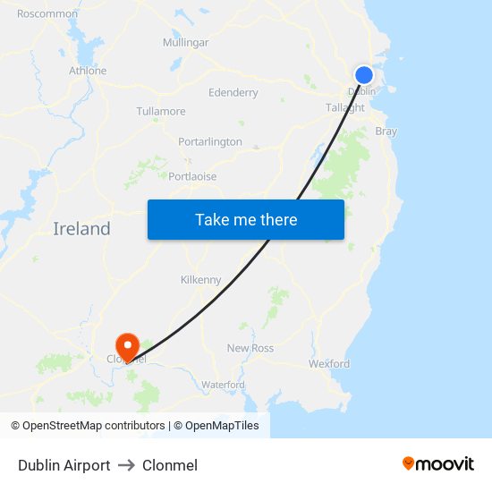Dublin Airport to Clonmel map
