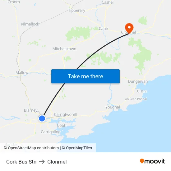 Cork Bus Stn to Clonmel map