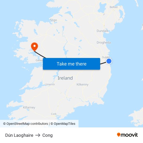 Dún Laoghaire to Cong map