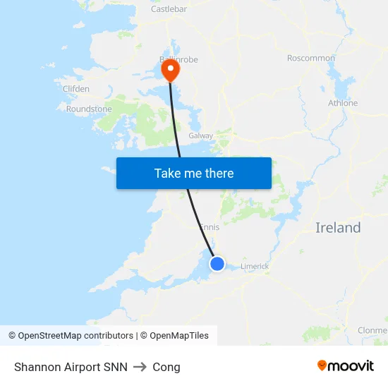 Shannon Airport SNN to Cong map