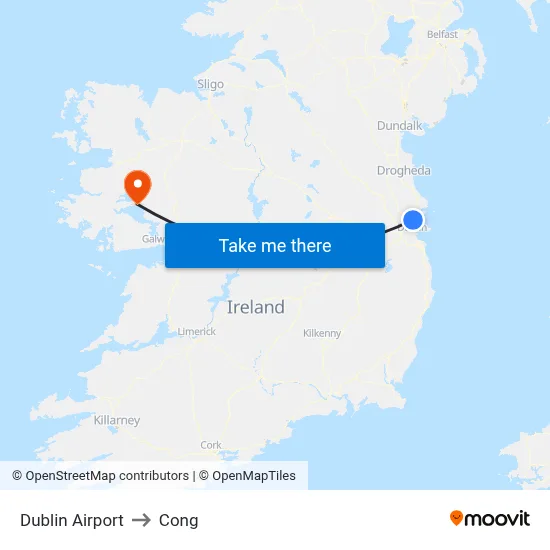 Dublin Airport to Cong map