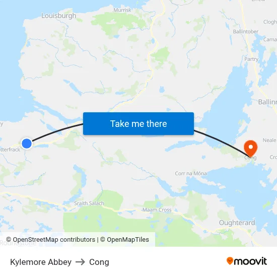 Kylemore Abbey to Cong map