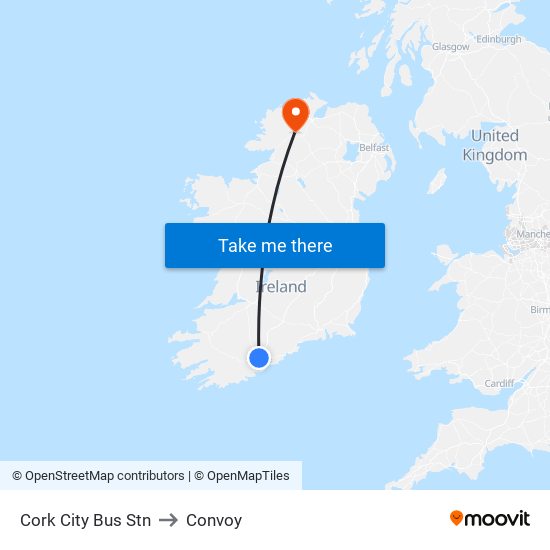 Cork City Bus Stn to Convoy map