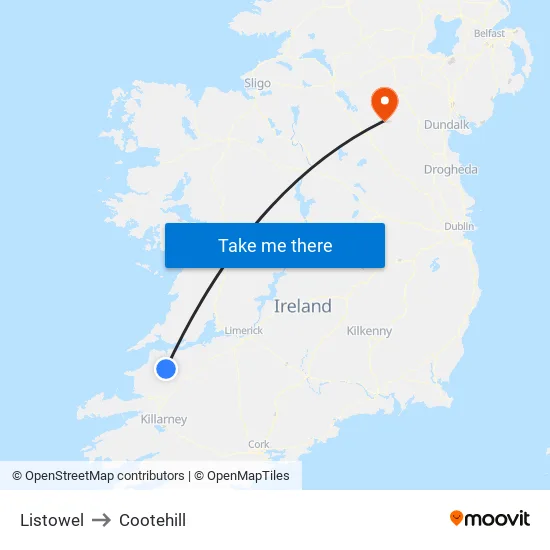 Listowel to Cootehill map