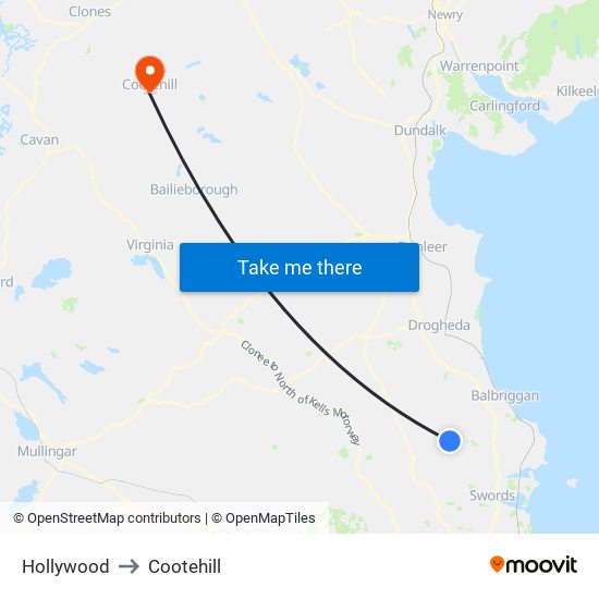 Hollywood to Cootehill map