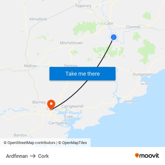 Ardfinnan to Cork map