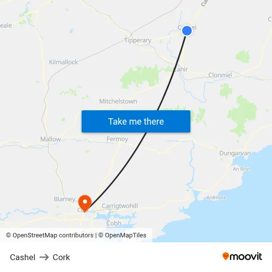 Cashel to Cork map