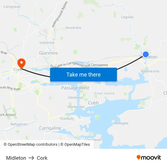 Midleton to Cork map