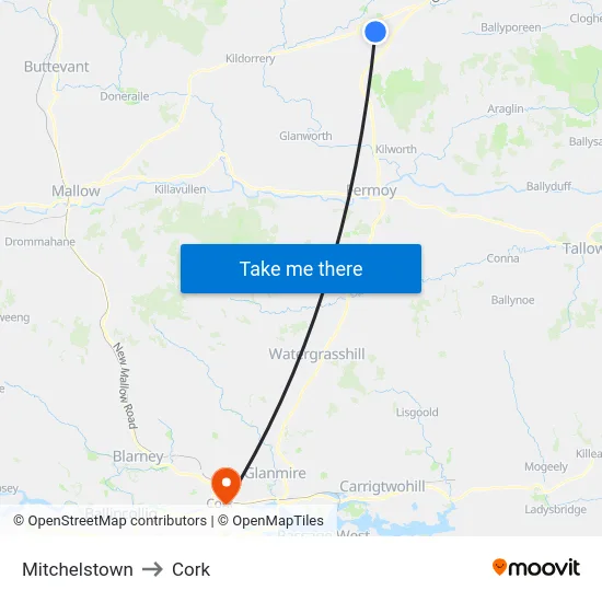 Mitchelstown to Cork map