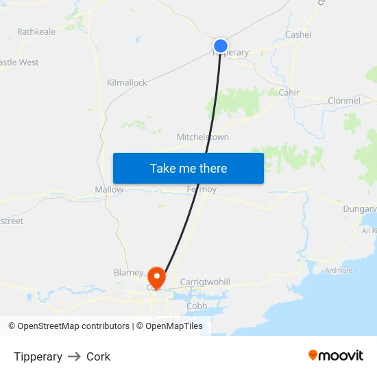 Tipperary to Cork map