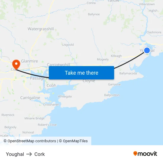 Youghal to Cork map