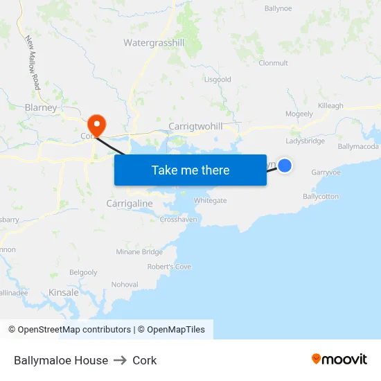 Ballymaloe House to Cork map