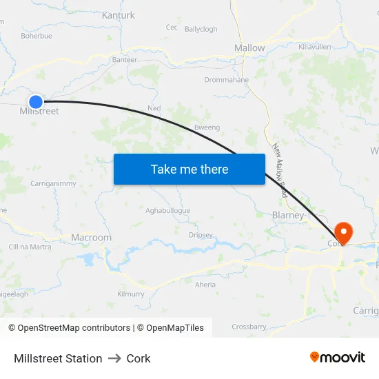 Millstreet Station to Cork map
